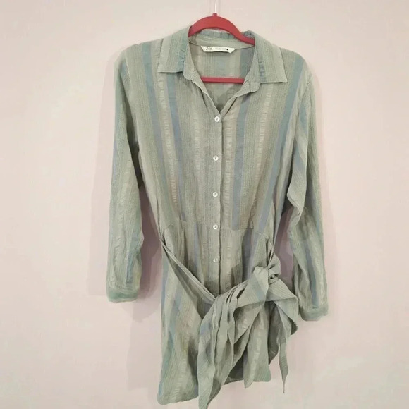 Zara Button-Up Striped Tunic Shirt Dress‎ With Waist Tie Light Green Small - Picture 1 of 7
